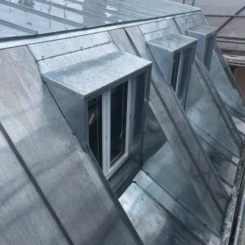Charpente traditionnelle et toiture zinc avec 6 chiens assis réalisée par ADL Couverture 78 à Saint-Cloud 92210